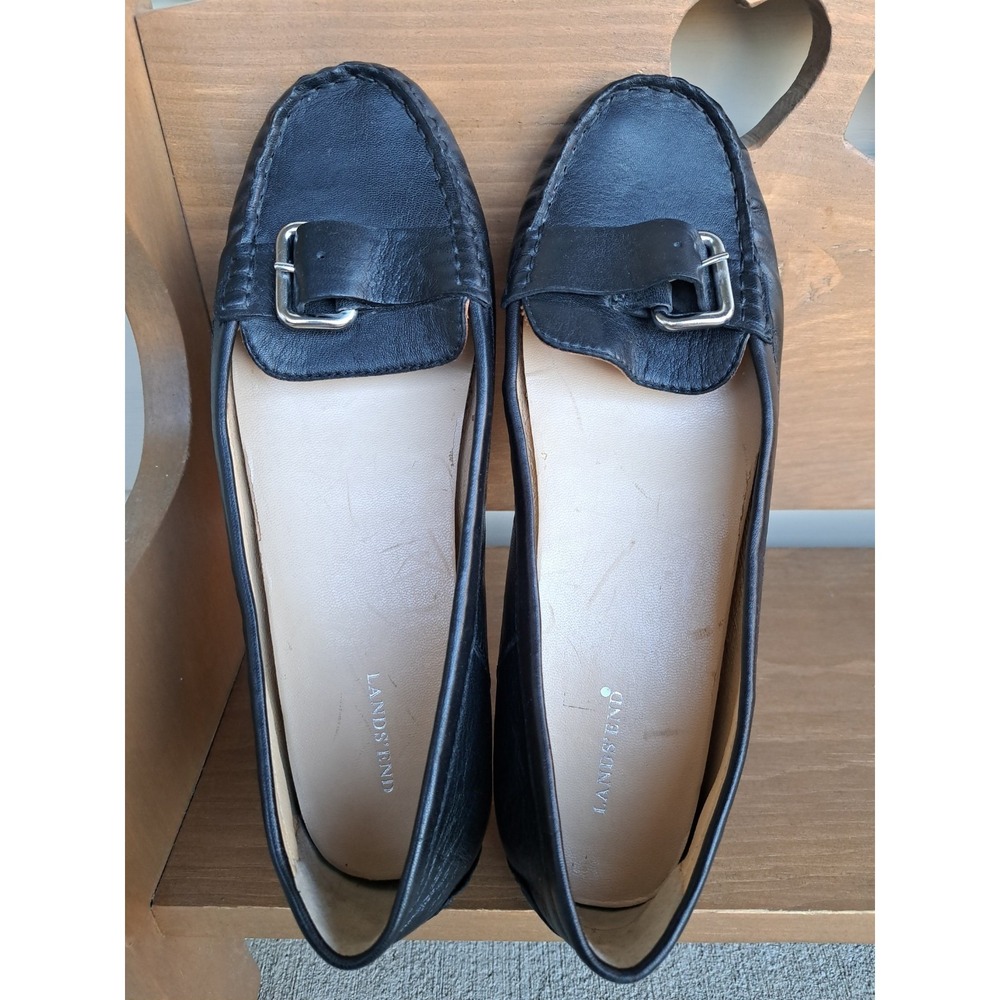 LANDS'END Women's Black Leather Slip-On Buckle‎ Loafers Driving Moccasins 9 B
